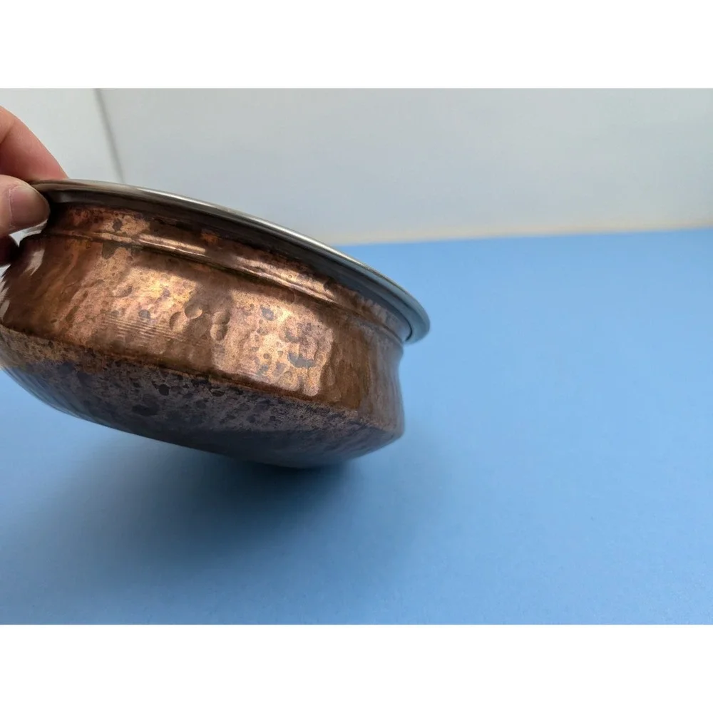 TERA India Hammered Copper Stainless Steel Double Wall Serving Dish Pot 6.75 In